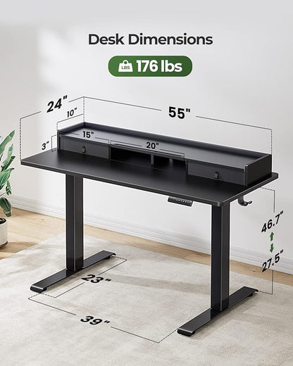 Marsail Electric Standing Desk with Double Drawers, 55x24 Inches Height Adjustable Desk with Storage Shelf,Sit Stand Desk with 4 Memory Preset,2 Hooks, Stand Up Desk for Home Office,Black