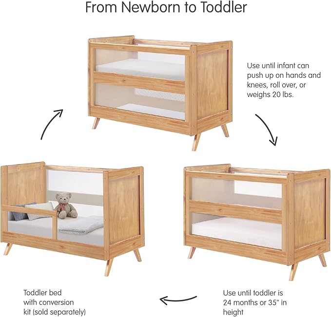 BreathableBaby Breathable Mesh 3-in-1 Convertible Crib (Toddler Bed Kit Sold Separately) — Beech — Two Adjustable Mattress Heights — Greenguard Gold Certified