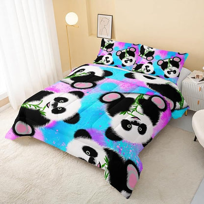 Panda Comforter Queen Size,Neon Panda Comforter Set for Kids Teens Girls Boys,3Pcs Bedding Set Printed Comforter with 2 Pillowcases,Down Alternative,Soft and Lightweight，Queen Size