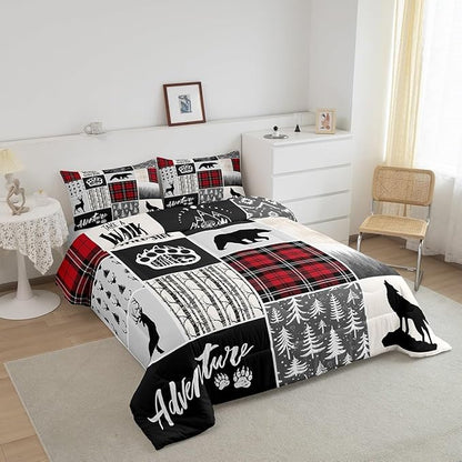 Deer Antlers Comforter Set King Size,Bear Paws Pine Trees Xmas Bedding Set for Kids Boys Girls Adults Room Decor,Lattices Patchwork Rustic Farmhouse Down Comforter,Red Duvet Insert,2 Pillowcases