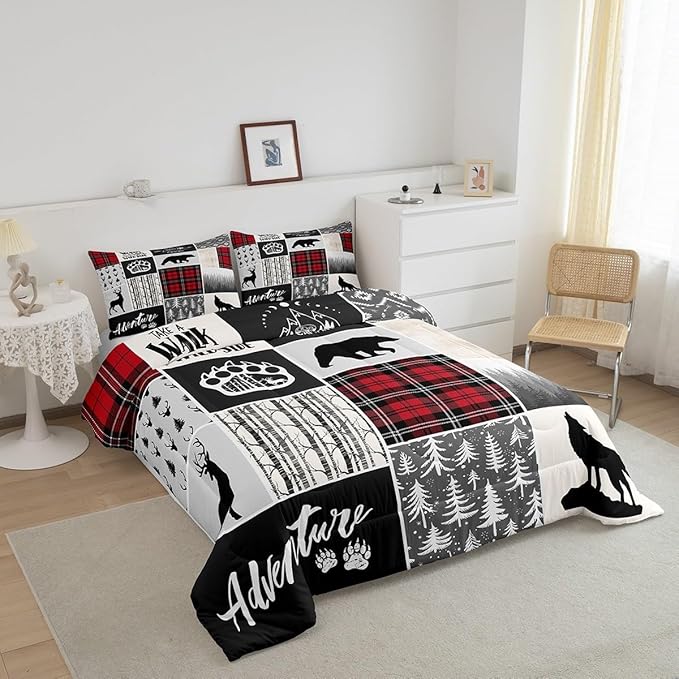 Deer Antlers Comforter Set Queen Size,Bear Paws Pine Trees Xmas Bedding Set for Kids Boys Girls Adults Room Decor,Lattices Patchwork Rustic Farmhouse Down Comforter,Red Duvet Insert,2 Pillowcases