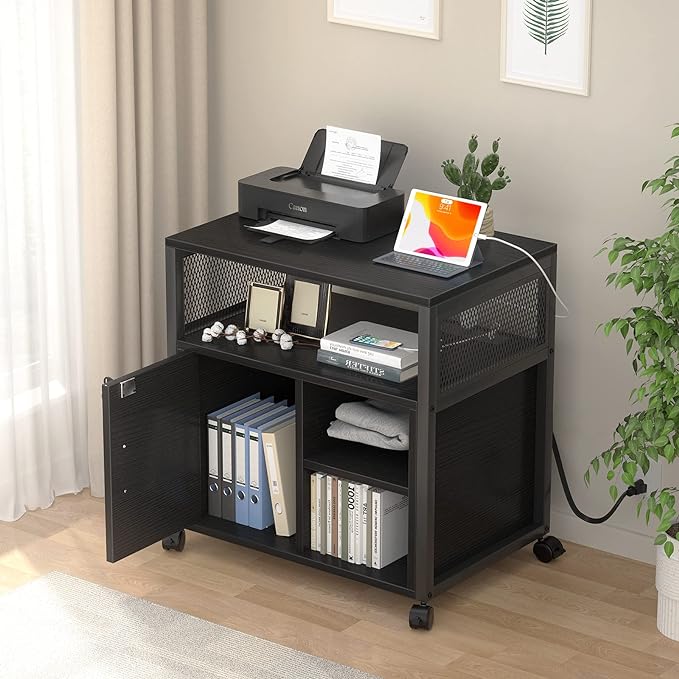 Unikito Lateral File Cabinet, Locking Office Filing Cabinets with Socket and USB Charging Port, Modern Rolling Printer Stand with Storage for A4, Letter Size and File Folders, Black
