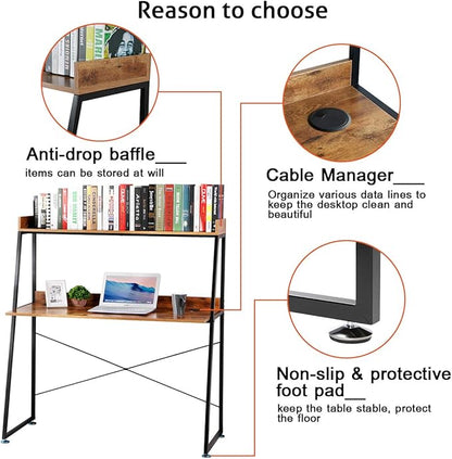 DESIGNA 48 Inch Ladder Desk with Storage Shelves, 2-Tier Home Office Students Study Writing PC Computer Gaming Table with Bookshelf Modern Workstation for Small Space Saving, Metal Frame, Rustic Brown