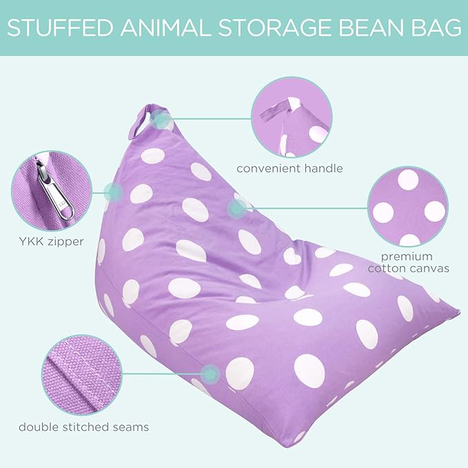 Aubliss Stuffed Animal Storage Bean Bag Chairs Cover, 50"x 35" Extra Large Bean Bags Chair for Kids & Adults, Beanbag Toy Storage for Boys Girls - Premium Cotton Canvas Purple Dot