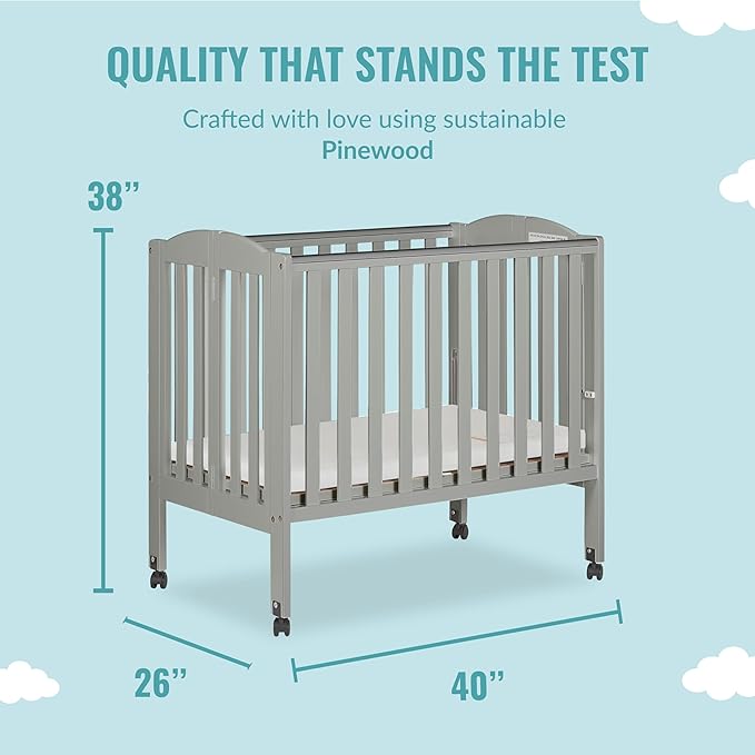 2 in 1 Folding Portable Crib in Cool Grey, Greenguard Gold Certified , 40x26x38 Inch (Pack of 1)