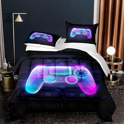 Gaming Comforter for Boys Kids Purple Gamer Comforter Set Full Size Game Home Decor Soft Video Game Gamepad Bedding Set Modern All Season Teens Bedroom
