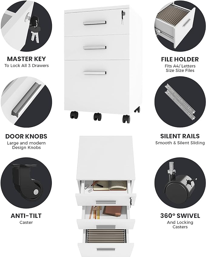 Lazio 26 Inch File Cabinet with Lock - Filing Cabinet for Home and Office - 3 Drawer File Cabinet with Wheels for A4 Sized Letters/Documents, Legal Sized Documents, Hanging File Folders - White/White