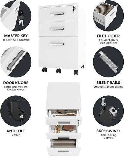Lazio 26 Inch File Cabinet with Lock - Filing Cabinet for Home and Office - 3 Drawer File Cabinet with Wheels for A4 Sized Letters/Documents, Legal Sized Documents, Hanging File Folders - White/White