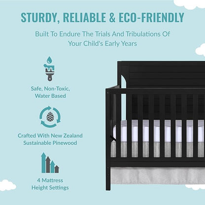 Cape Cod 5-In-1 Convertible Crib In Black, Greenguard Gold And JPMA Certified, Built Of Sustainable New Zealand Pinewood, 3 Mattress Height Positions