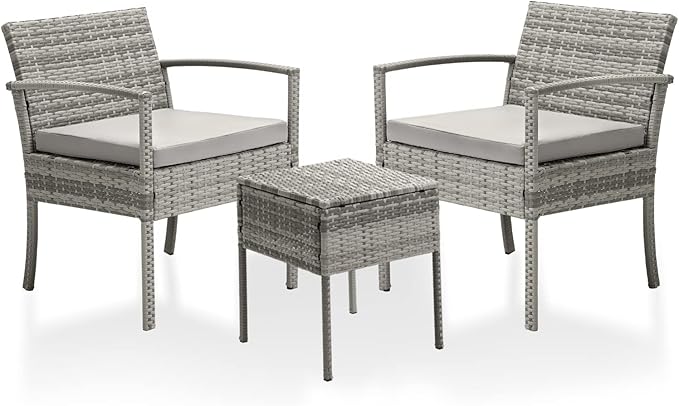 3 Pieces Patio Furniture Set, Balcony Furniture, Patio Bistro Set All-Weather Wicker Chairs Conversation Set with Cushions Table for Outdoor Backyard Porch Lawn (Grey-Grey)