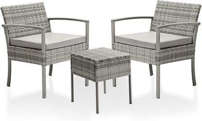3 Pieces Patio Furniture Set, Balcony Furniture, Patio Bistro Set All-Weather Wicker Chairs Conversation Set with Cushions Table for Outdoor Backyard Porch Lawn (Grey-Grey)