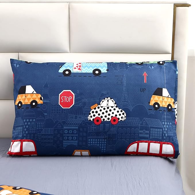 MAG 3Pcs Cartoon Car Bedding Comforter Set, Blue Cute Base Full/Queen Comforter Set,for Toddlers Kids,Boys Teens and Girls,Super Soft Microfiber, Full/Queen Size