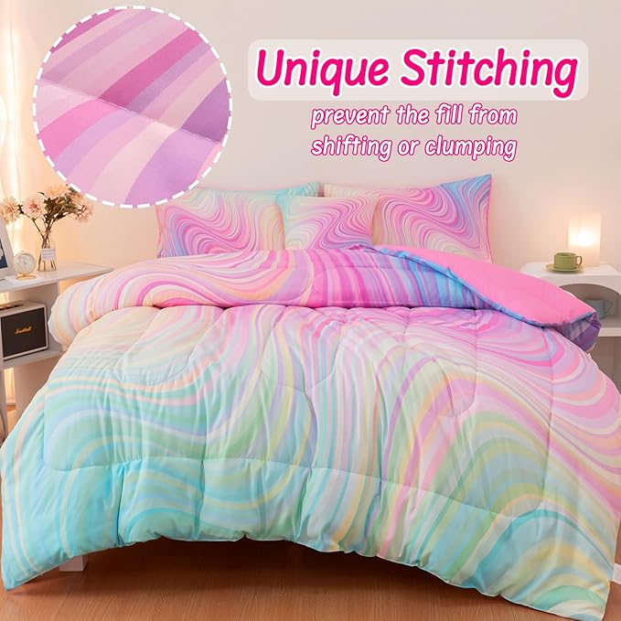 4 Pcs Pink Full Comforter Set for Girls, Tie Dye Superior Kids Teen Bedding Sets, Blue Pink Rainbow Full Size Bedding Set for Girls
