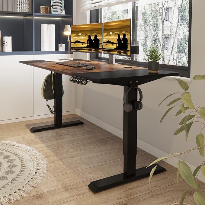 Adjustable Height Electric Standing Desk - 63 x 30 Inch Sit Stand Computer Desk with Splice Board, Stand Up Desk Table for Home Office, Black Frame/Black and Rustic Brown Top