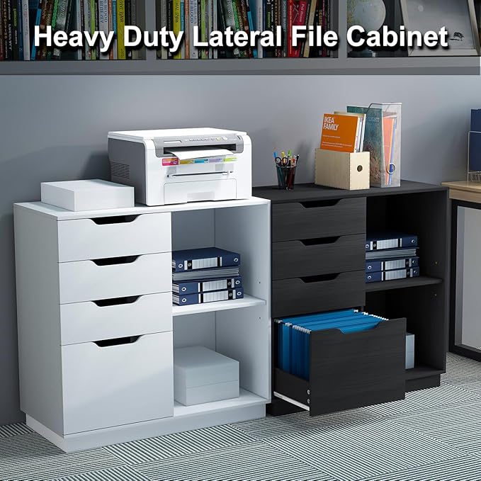 4 Drawers Lateral File Cabinets, Wood Filing Cabinet, Printer Stand with Open Storage Shelves for Home Office, 6 Compartments, White