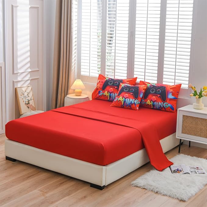 Aimuan Gaming Comforter Sets for Boys Kids Bedding Sets Video Games Console Action Buttons Novelty Colorful Game Gamepad Controller Modern Gamer Room Decor Home Quilt Set (Queen 6 Pcs,Red)