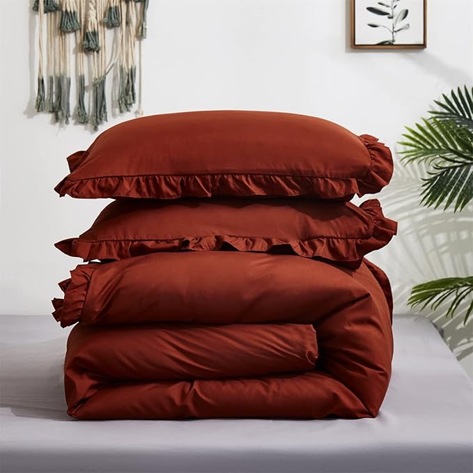 Rust Ruffled Comforter Set King Size Bedding Set Women Caramel Ruffles Blanket Men Burnt Orange Ruffled Comforter Farmhouse Ruffle Fringe Design Girls 3 PCs Cinnamon Color Ruffled Bedding Set