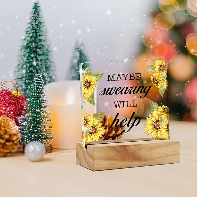 Maybe Swearing Will Help Quote Desk Decor Acrylic Desk Sign Humorous Acrylic Plaque Home Office Desk Shelf Decoration 4.7"x4.7"