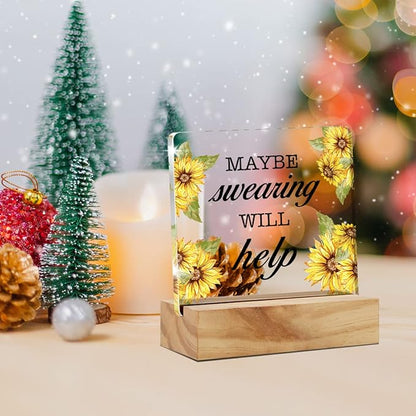 Maybe Swearing Will Help Quote Desk Decor Acrylic Desk Sign Humorous Acrylic Plaque Home Office Desk Shelf Decoration 4.7"x4.7"