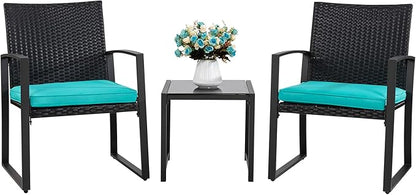 Shintenchi 3 Pieces Outdoor Patio Furniture Set, Modern Wicker Bistro Set, Conversation Rattan Chair of 2 with Coffee Table for Yard Porch Poolside Lawn(Blue Cushion)