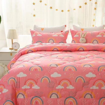 Kids Rainbow Comforter Set for Girls Teens Full Size 7 Piece Cloud Sun Pink Bedding Set 3D Cute Cartoon Love Hearts Bed in a Bag