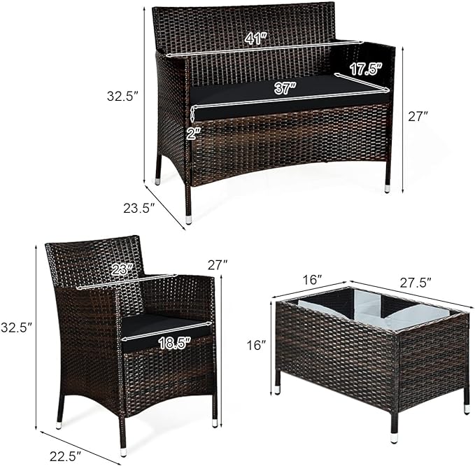 Goplus 4-Piece Rattan Patio Set, Outdoor/Indoor Wicker Conversation Set for Pool, Backyard, Lawn, Wicker Chairs and Sofa with Soft Cushion, Rattan Furniture with Tempered Glass Coffee Table