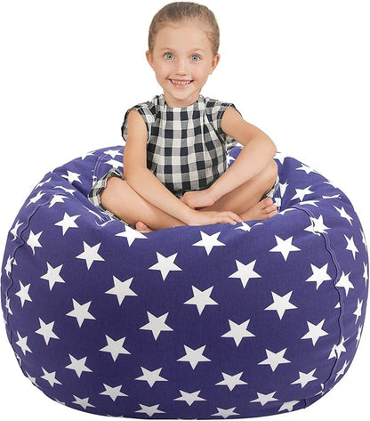 Aubliss Stuffed Animal Storage Bean Bag Chair Cover (No Beans)，Stuff and Sit Storage Bean Bag for Kids Toy Storage, Large 38"-Canvas Stars Royal Blue