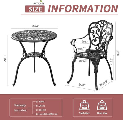 Bistro Table and Chairs Set of 2, Cast Aluminum Patio Furniture, Outdoor Bistro Set 3 Piece with Umbrella Hole for Balcony Porch Yard