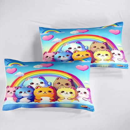 Rainbow Cat Comforter Queen Size - Rainbow Cat Bedding for Girls Room Cute Cartoon Rainbow Bedding Queen Comforter Sets for Kids, 1 Comforter+2 Pillowcases