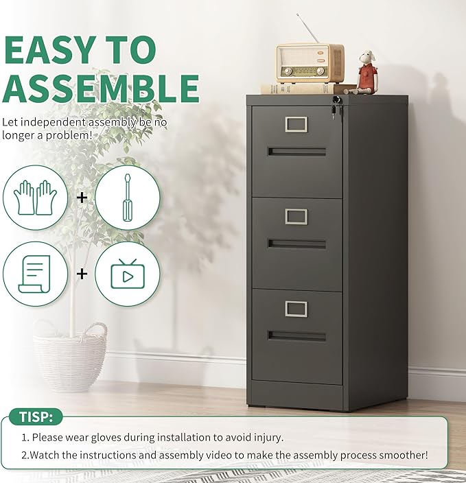 3 Drawer File Cabinet,Metal Filing Cabinets with Lock,Black Vertical File Cabinet for Home Office,Heavy Duty Metal Storage Cabinet for A4/Letter/Legal Size File,Assembly Required