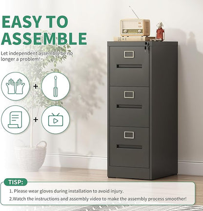 3 Drawer File Cabinet,Metal Filing Cabinets with Lock,Black Vertical File Cabinet for Home Office,Heavy Duty Metal Storage Cabinet for A4/Letter/Legal Size File,Assembly Required