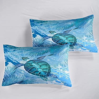 CVHOUSE Sea Turtle Bedding Set,Sea Turtle Comforter Full,Ocean Bohemia Comforter Set for Boys Kids Girls,Ocean Quilt Set with 1 Comforter and 2 Pillow Cases