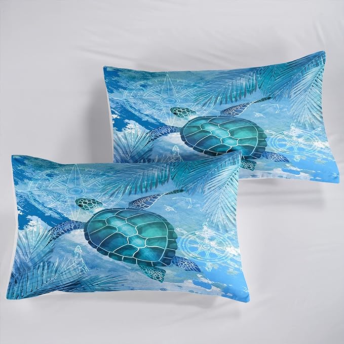 CVHOUSE Sea Turtle Bedding Set,Sea Turtle Comforter Queen,Ocean Bohemia Comforter Set for Boys Kids Girls,Ocean Quilt Set with 1 Comforter and 2 Pillow Cases
