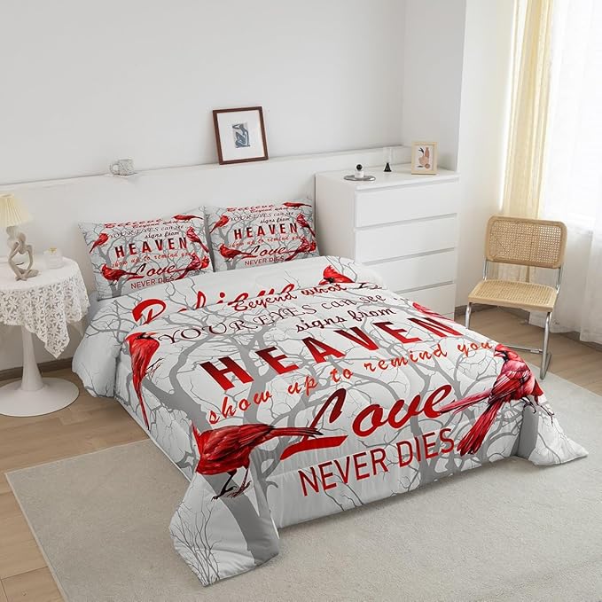 Cardinal Bird Comforter Set King Size Farmhouse Red Birds Bedding Set for Girls Boys Women Men Tree Branches Decor Comforter Nature Comforter with 2 Pillow Case