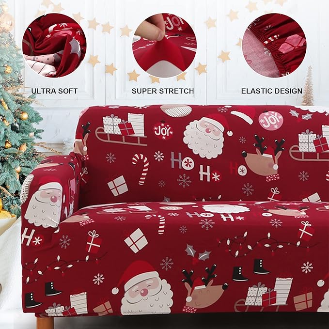 Mybedsoul Christmas Sofa Cover Santa Claus Printed Sofa Couch Cover Washable Furniture Protector with Elastic Bottom Xmas Home Room Festival Decoration(3 Seater)