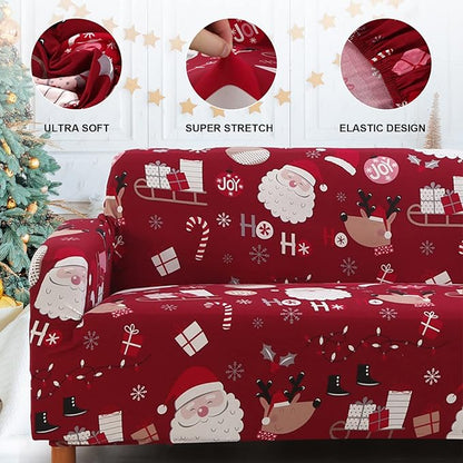 Mybedsoul Christmas Sofa Cover Santa Claus Printed Sofa Couch Cover Washable Furniture Protector with Elastic Bottom Xmas Home Room Festival Decoration(3 Seater)