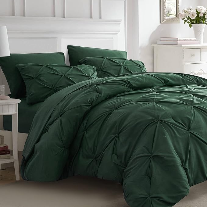 Ubauba 7pc King Size Comforter Set with Sheets Dark Green, Emerald 7 Pieces Pinch Pleat Bed in a Bag, All Season Hunter Green Beddings Set with Comforters (Green,King)