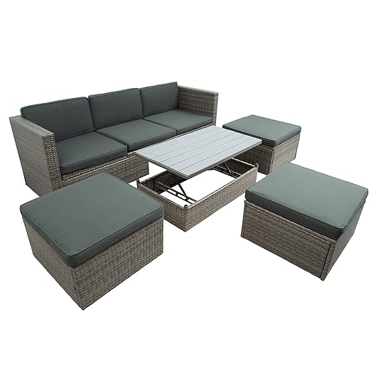 5 Pieces Outdoor Patio Sectional Sofa Couch, PE Wicker Furniture Conversation Sets with Adustable Backrest & Washable Cushions & Ottomans & Glass Coffee Table for Garden, Poolside, Backyard