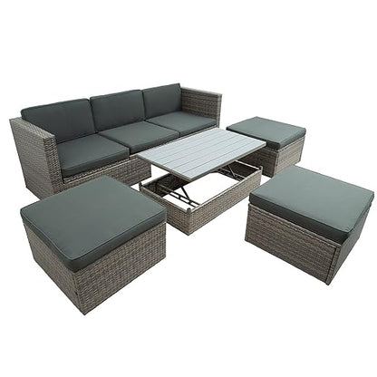 5 Pieces Outdoor Patio Sectional Sofa Couch, PE Wicker Furniture Conversation Sets with Adustable Backrest & Washable Cushions & Ottomans & Glass Coffee Table for Garden, Poolside, Backyard