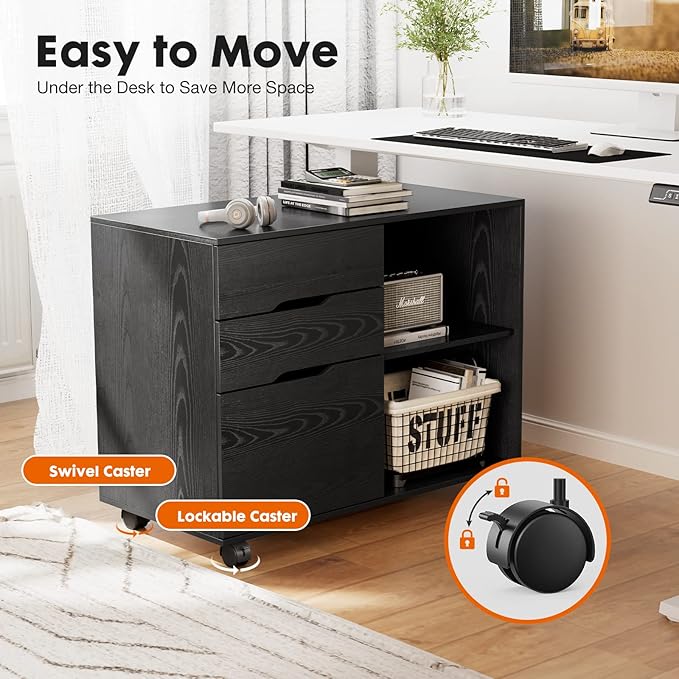 Sweetcrispy 3 Drawer File Cabinet Organizer Lateral Printer Stand Rolling Desk with Adjustable Storage Shelves for Office Home Small Space, Black Wood