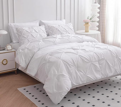 LANE LINEN Twin XL Comforter Set, 5 Piece Twin XL Bedding Set, Pintuck Twin XL Bed in a Bag, Twin XL Bed Set, Twin XL Bed Comforter Set with Sheets, Pillowcase & Sham, Bedding Comforter Sets - White