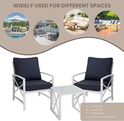 Shintenchi 3 Piece White Metal Outdoor Furniture Sectional Set, Modern Outdoor Metal Chair Conversation Furniture Set with Coffee Table for Patio,Backyard,Balcony (Dark Blue)