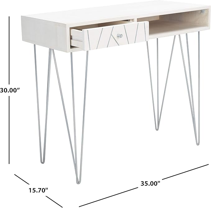 Safavieh Home Office Collection Marigold White Wash and Silver 1-Drawer Hairpin Leg Desk, 0