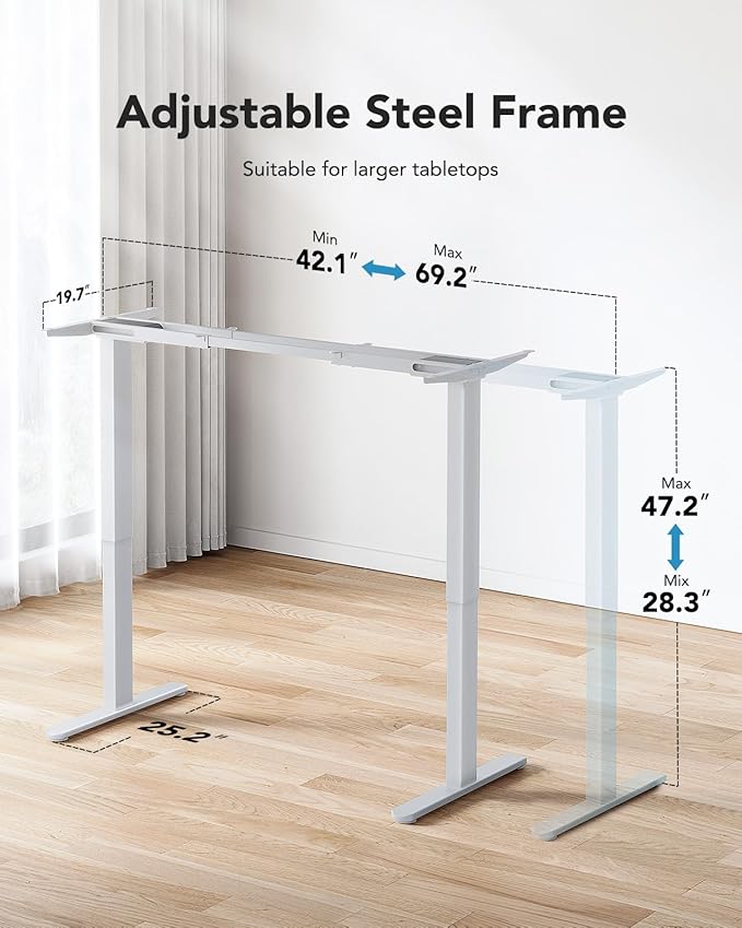 HUANUO 265 lbs Dual Motor Electric Standing Desk Frame, Thick T-Shaped Desk Legs Made of Automotive-Grade Steel, for Max 90″ x 31.5″ Desktop, Height Adjustable Desk Frame for Home Office, Frame Only