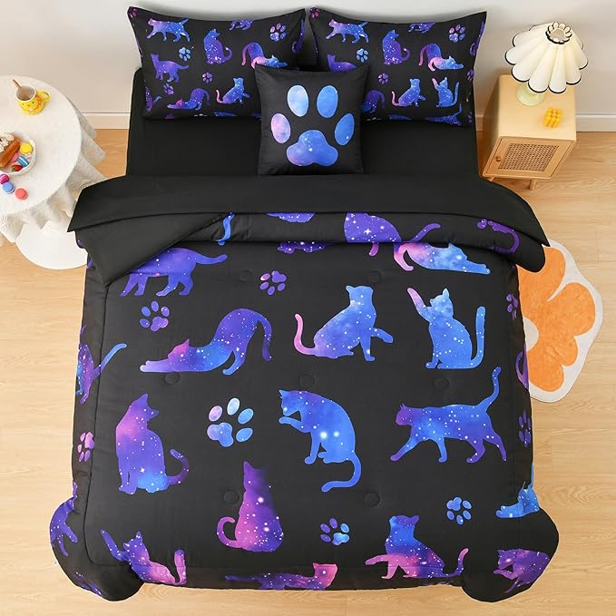 DORCAS Full Size Comforter Sets with Sheets for Girls Kids Cute Cat Full Size Bedding Sets 6 Pieces Bed-in-A-Bag for Girls Teens Kids