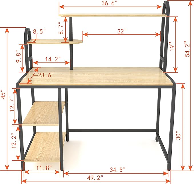 Anivia Computer Bookshelf Home Office, Study Table with Hutch & Adjustable Shelves, Sturdy Wooden Desk for Gaming, Easy Assemble, 49.2", Light Walnut