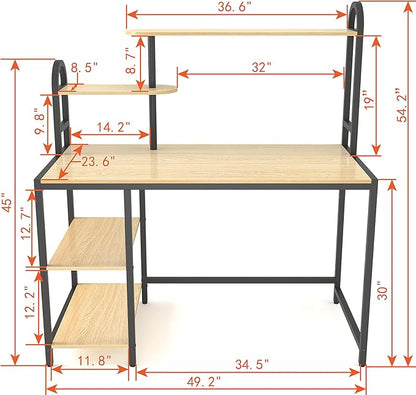 Anivia Computer Bookshelf Home Office, Study Table with Hutch & Adjustable Shelves, Sturdy Wooden Desk for Gaming, Easy Assemble, 49.2", Light Walnut