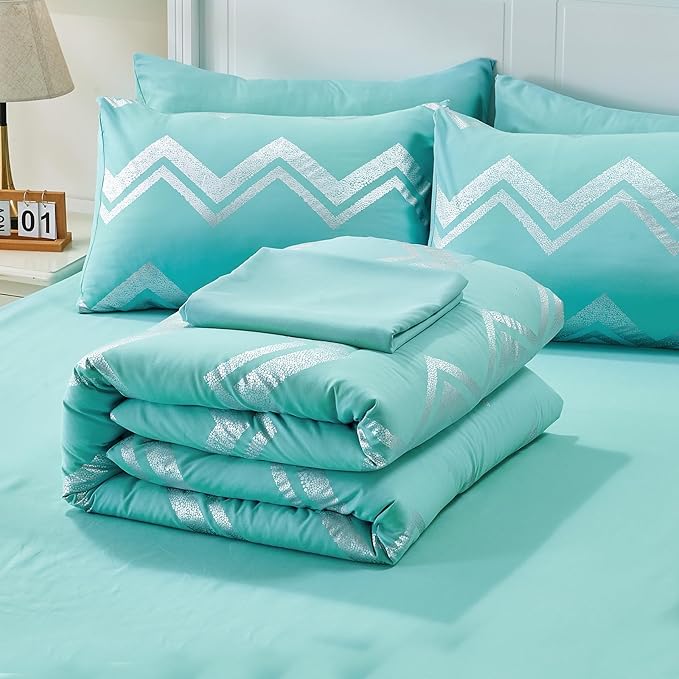 Wowelife 7 Pieces Comforter Set King Size Teal Silver Bedding Set Glitter Kids Bedding Set Blue Bed in a Bag Girls with Comforter, Flat Sheet, Fitted Sheet, 2 Pillow Shams and 2 Pillowcases