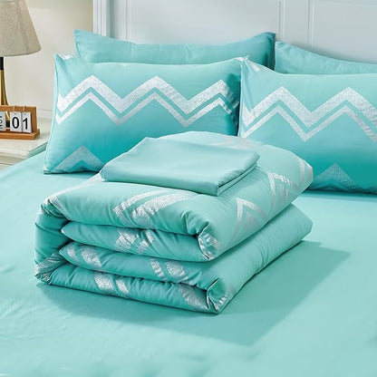 Wowelife 7 Pieces Comforter Set King Size Teal Silver Bedding Set Glitter Kids Bedding Set Blue Bed in a Bag Girls with Comforter, Flat Sheet, Fitted Sheet, 2 Pillow Shams and 2 Pillowcases