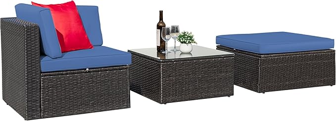Greesum 3 Piece Patio Conversation Set Wicker Rattan Furniture Outdoor Sofa with Cushions,Pillows & Glass Table for Porch,Lawn and Yard, Dark Blue